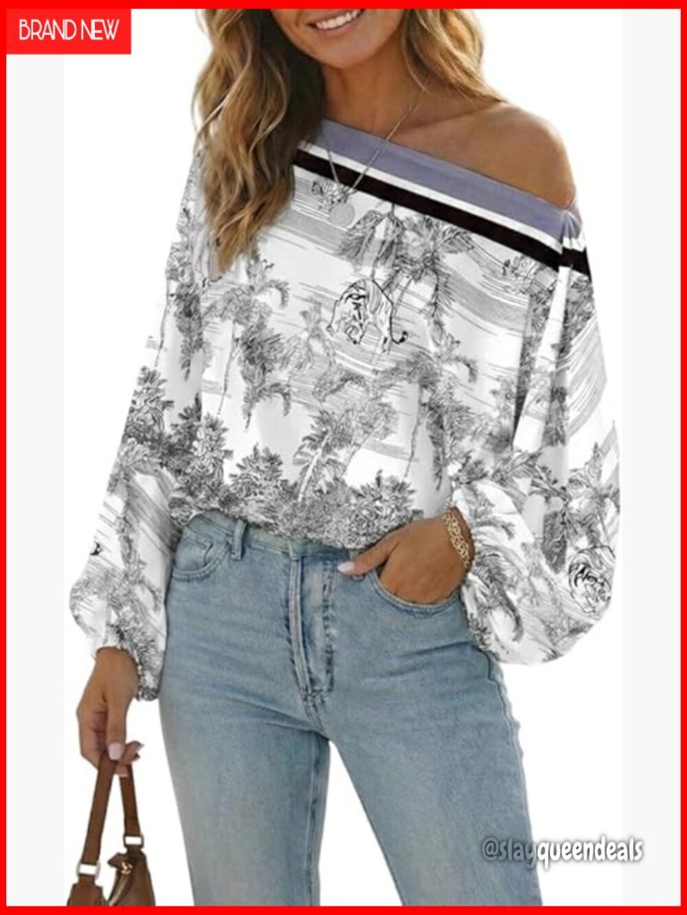 Off Shoulder Blouse 3/4 Sleeve Boho Floral Print Loose Fit Top